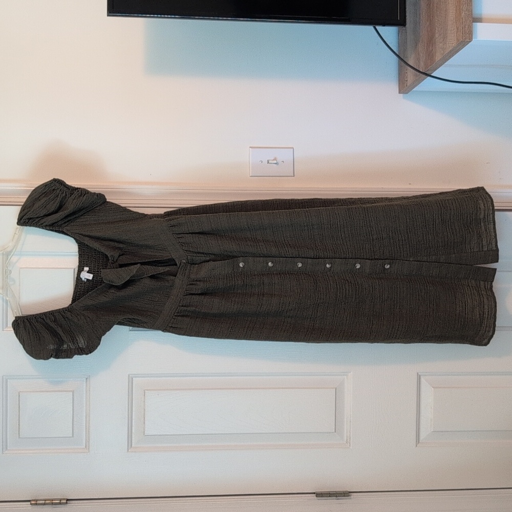 Abound Midi Dress Tie Front Crepe Gauze Puff Sleeve Smocked Olive Burnt S NWT